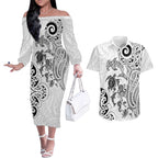 New Zealand Sea Animals with Maori Tribal Tattoo Couples Matching Off The Shoulder Long Sleeve Dress and Hawaiian Shirt White Color