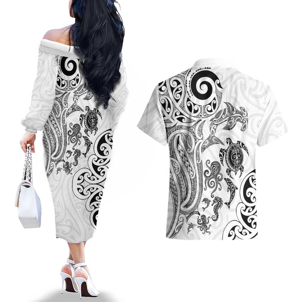 New Zealand Sea Animals with Maori Tribal Tattoo Couples Matching Off The Shoulder Long Sleeve Dress and Hawaiian Shirt White Color