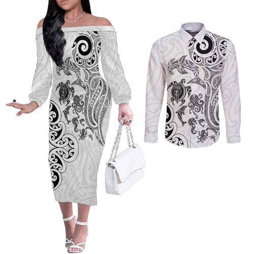 New Zealand Sea Animals with Maori Tribal Tattoo Couples Matching Off The Shoulder Long Sleeve Dress and Long Sleeve Button Shirt White Color