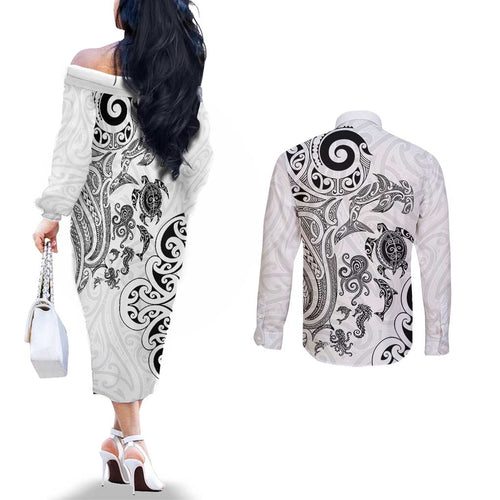 New Zealand Sea Animals with Maori Tribal Tattoo Couples Matching Off The Shoulder Long Sleeve Dress and Long Sleeve Button Shirt White Color