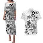 New Zealand Sea Animals with Maori Tribal Tattoo Couples Matching Puletasi and Hawaiian Shirt White Color