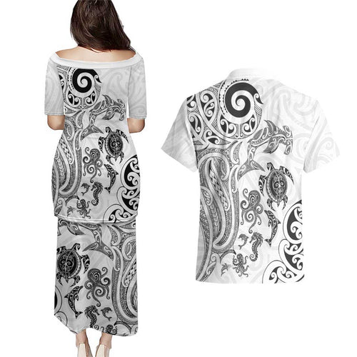 New Zealand Sea Animals with Maori Tribal Tattoo Couples Matching Puletasi and Hawaiian Shirt White Color