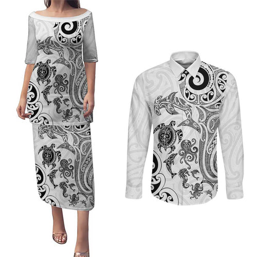 New Zealand Sea Animals with Maori Tribal Tattoo Couples Matching Puletasi and Long Sleeve Button Shirt White Color