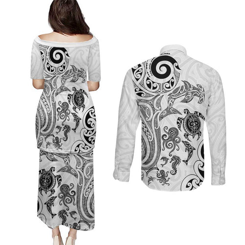 New Zealand Sea Animals with Maori Tribal Tattoo Couples Matching Puletasi and Long Sleeve Button Shirt White Color