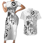 New Zealand Sea Animals with Maori Tribal Tattoo Couples Matching Short Sleeve Bodycon Dress and Hawaiian Shirt White Color