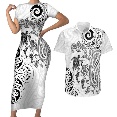 New Zealand Sea Animals with Maori Tribal Tattoo Couples Matching Short Sleeve Bodycon Dress and Hawaiian Shirt White Color
