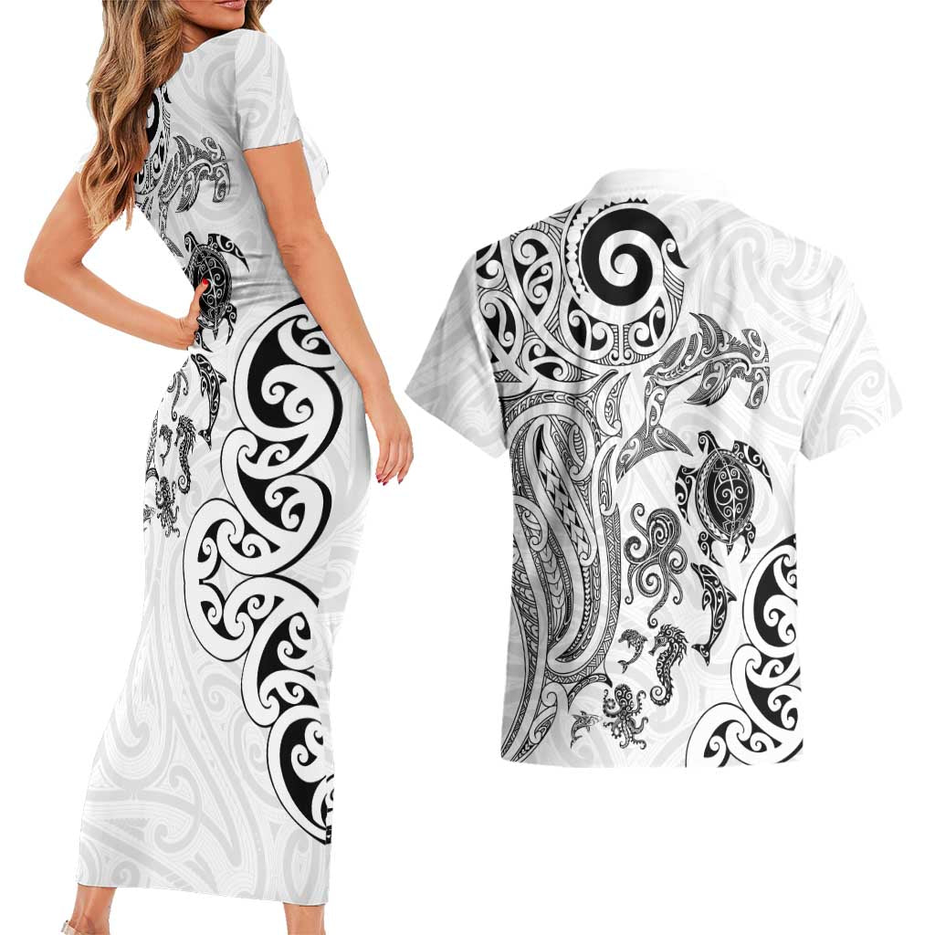 New Zealand Sea Animals with Maori Tribal Tattoo Couples Matching Short Sleeve Bodycon Dress and Hawaiian Shirt White Color