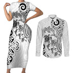 New Zealand Sea Animals with Maori Tribal Tattoo Couples Matching Short Sleeve Bodycon Dress and Long Sleeve Button Shirt White Color