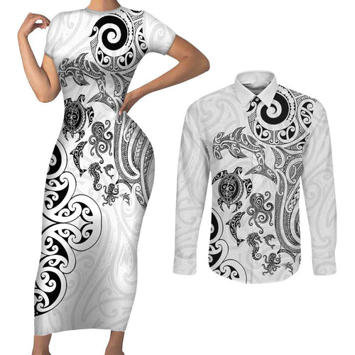 New Zealand Sea Animals with Maori Tribal Tattoo Couples Matching Short Sleeve Bodycon Dress and Long Sleeve Button Shirt White Color