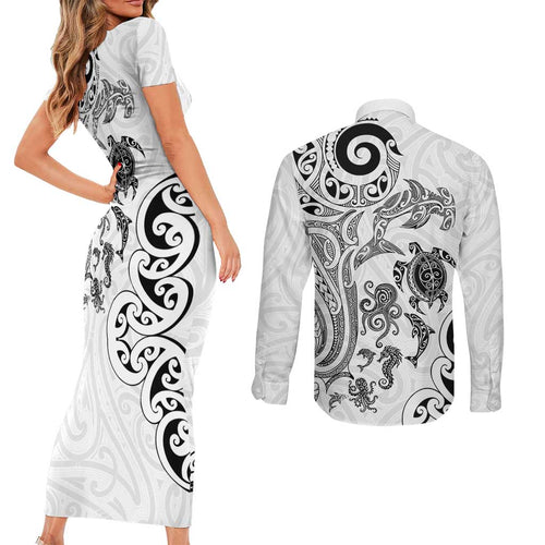 New Zealand Sea Animals with Maori Tribal Tattoo Couples Matching Short Sleeve Bodycon Dress and Long Sleeve Button Shirt White Color