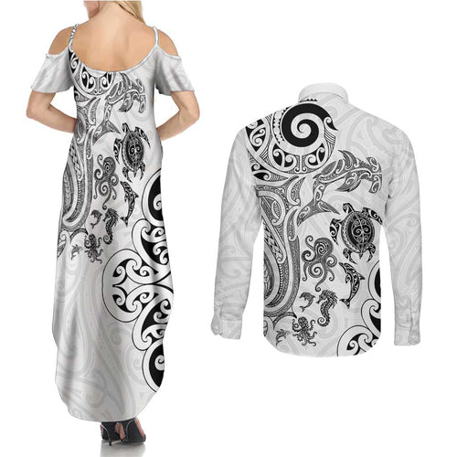 New Zealand Sea Animals with Maori Tribal Tattoo Couples Matching Summer Maxi Dress and Long Sleeve Button Shirt White Color