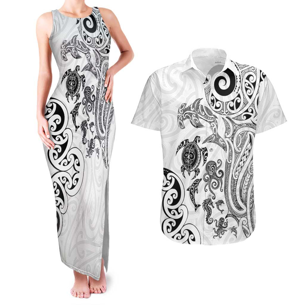 New Zealand Sea Animals with Maori Tribal Tattoo Couples Matching Tank Maxi Dress and Hawaiian Shirt White Color