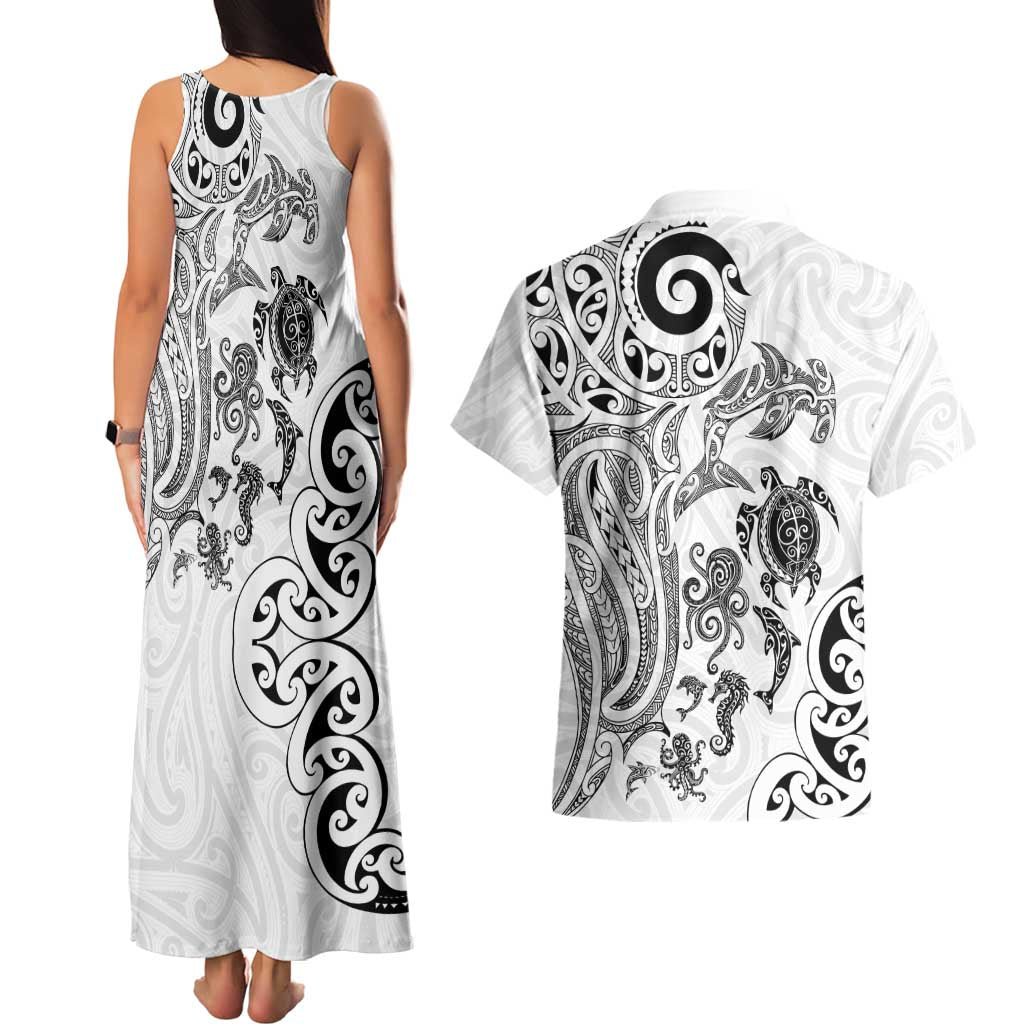New Zealand Sea Animals with Maori Tribal Tattoo Couples Matching Tank Maxi Dress and Hawaiian Shirt White Color