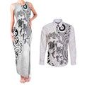 New Zealand Sea Animals with Maori Tribal Tattoo Couples Matching Tank Maxi Dress and Long Sleeve Button Shirt White Color