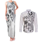 New Zealand Sea Animals with Maori Tribal Tattoo Couples Matching Tank Maxi Dress and Long Sleeve Button Shirt White Color