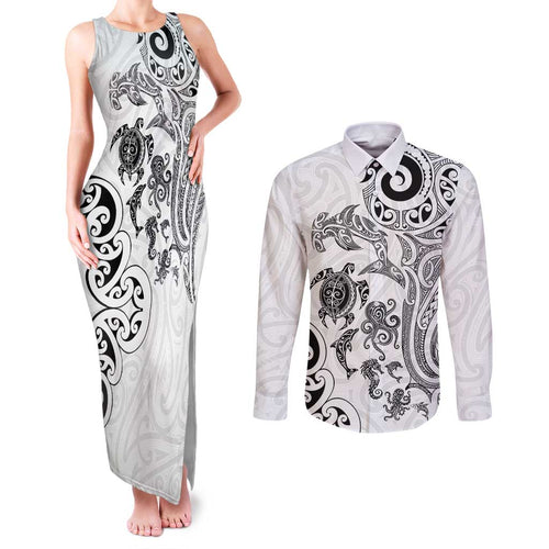 New Zealand Sea Animals with Maori Tribal Tattoo Couples Matching Tank Maxi Dress and Long Sleeve Button Shirt White Color