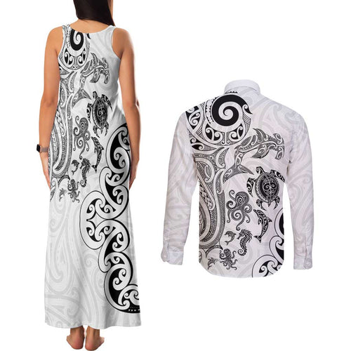 New Zealand Sea Animals with Maori Tribal Tattoo Couples Matching Tank Maxi Dress and Long Sleeve Button Shirt White Color
