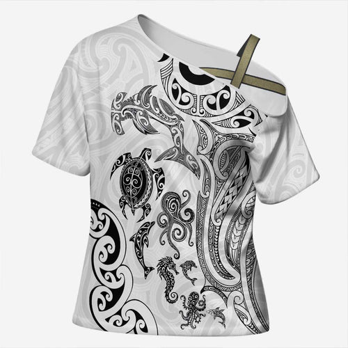 New Zealand Sea Animals with Maori Tribal Tattoo Cross Shoulder Shirt White Color
