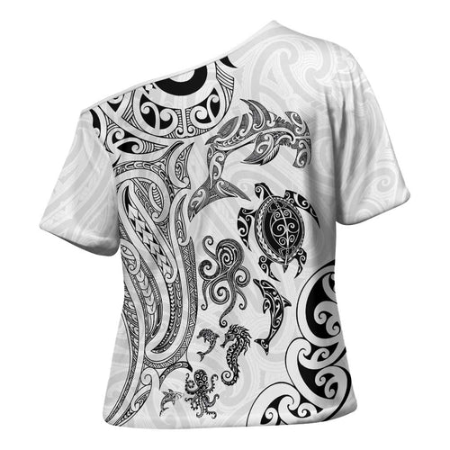 New Zealand Sea Animals with Maori Tribal Tattoo Cross Shoulder Shirt White Color