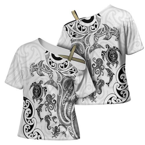 New Zealand Sea Animals with Maori Tribal Tattoo Cross Shoulder Shirt White Color