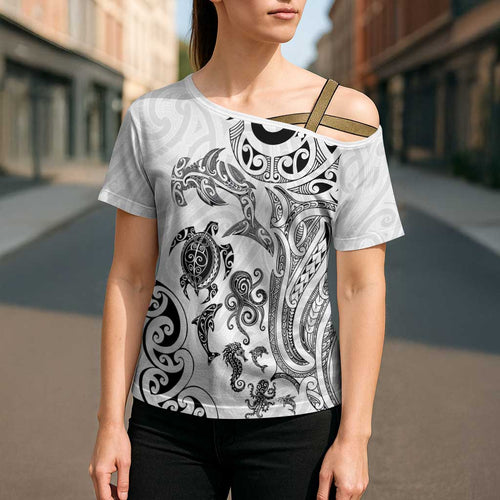 New Zealand Sea Animals with Maori Tribal Tattoo Cross Shoulder Shirt White Color
