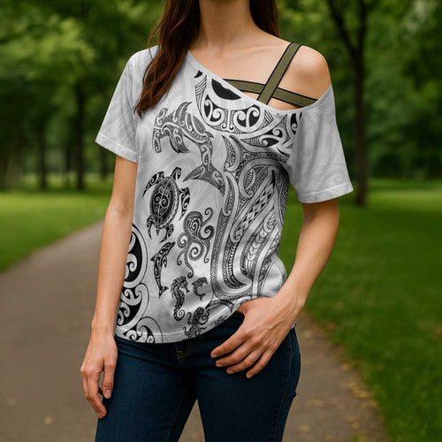 New Zealand Sea Animals with Maori Tribal Tattoo Cross Shoulder Shirt White Color