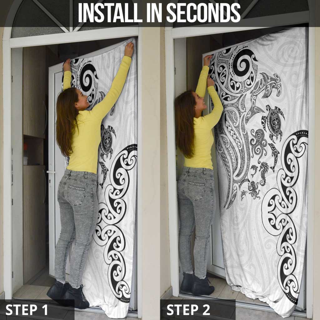 New Zealand Sea Animals with Maori Tribal Tattoo Door Cover White Color