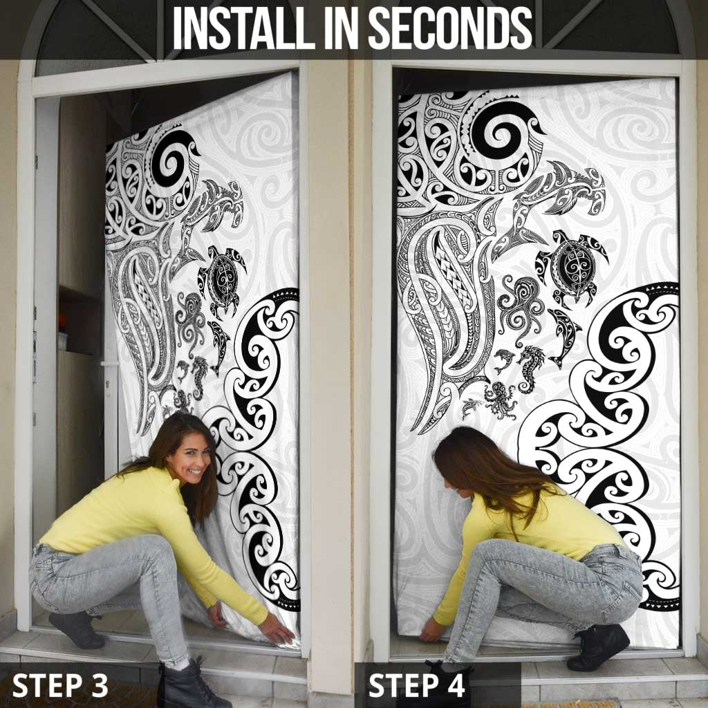 New Zealand Sea Animals with Maori Tribal Tattoo Door Cover White Color