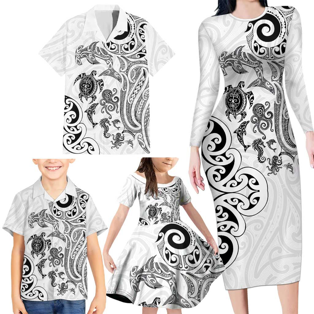 New Zealand Sea Animals with Maori Tribal Tattoo Family Matching Long Sleeve Bodycon Dress and Hawaiian Shirt White Color