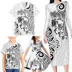 New Zealand Sea Animals with Maori Tribal Tattoo Family Matching Long Sleeve Bodycon Dress and Hawaiian Shirt White Color