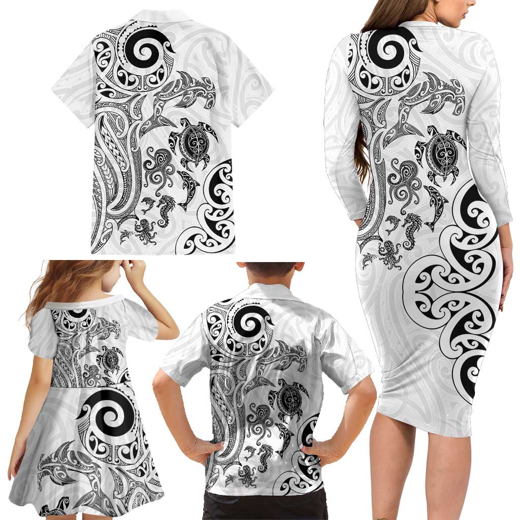 New Zealand Sea Animals with Maori Tribal Tattoo Family Matching Long Sleeve Bodycon Dress and Hawaiian Shirt White Color