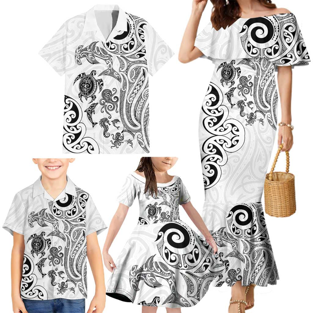 New Zealand Sea Animals with Maori Tribal Tattoo Family Matching Mermaid Dress and Hawaiian Shirt White Color