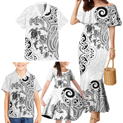 New Zealand Sea Animals with Maori Tribal Tattoo Family Matching Mermaid Dress and Hawaiian Shirt White Color