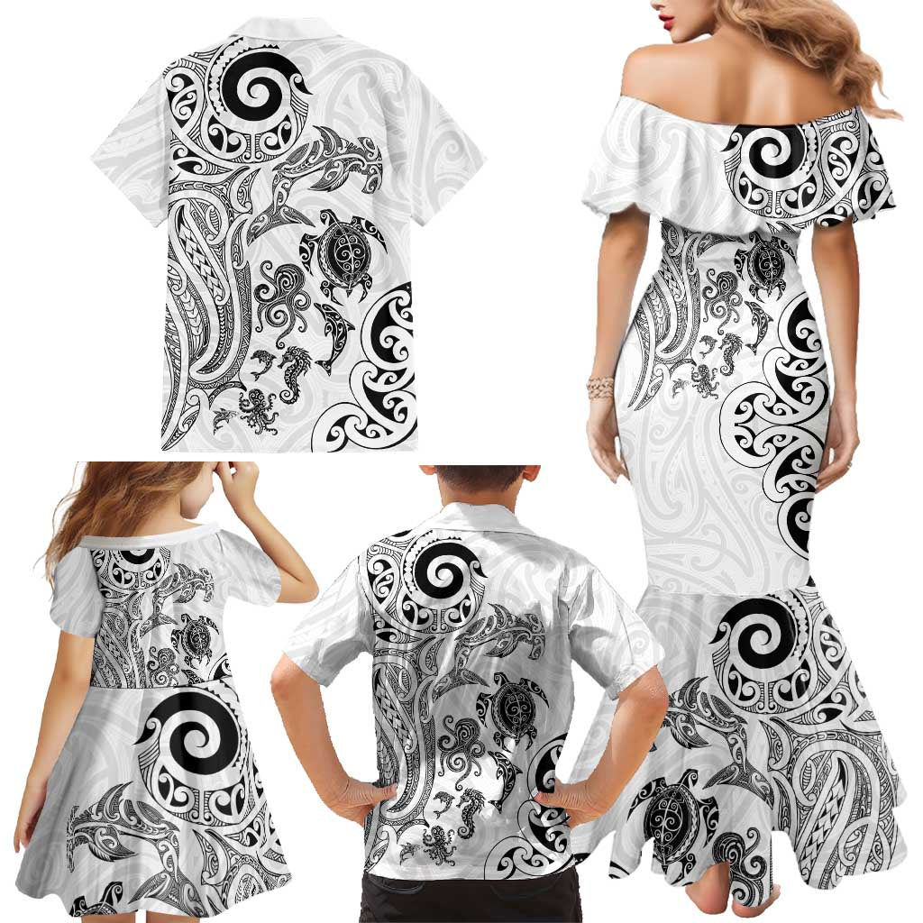 New Zealand Sea Animals with Maori Tribal Tattoo Family Matching Mermaid Dress and Hawaiian Shirt White Color