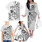 New Zealand Sea Animals with Maori Tribal Tattoo Family Matching Off The Shoulder Long Sleeve Dress and Hawaiian Shirt White Color