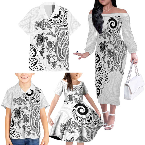 New Zealand Sea Animals with Maori Tribal Tattoo Family Matching Off The Shoulder Long Sleeve Dress and Hawaiian Shirt White Color