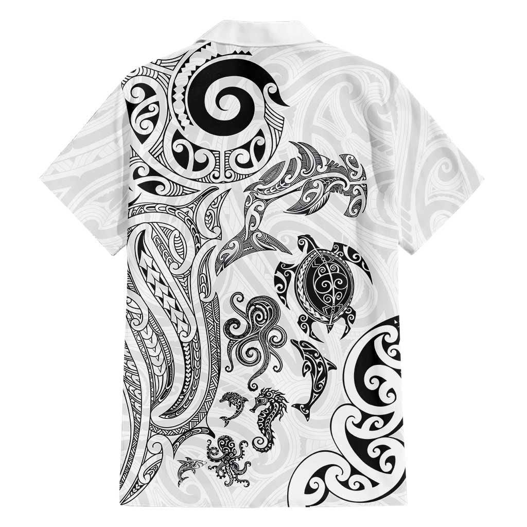 New Zealand Sea Animals with Maori Tribal Tattoo Family Matching Off The Shoulder Long Sleeve Dress and Hawaiian Shirt White Color