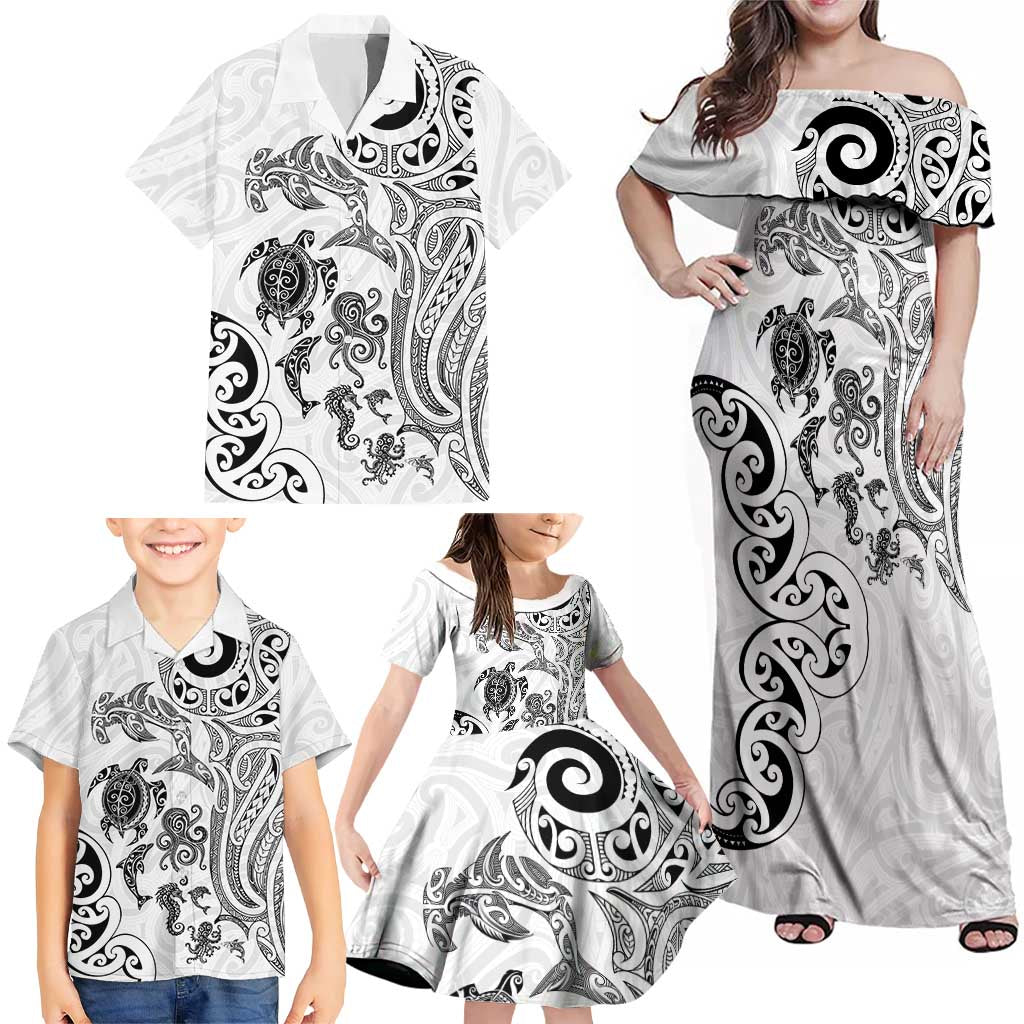 New Zealand Sea Animals with Maori Tribal Tattoo Family Matching Off Shoulder Maxi Dress and Hawaiian Shirt White Color