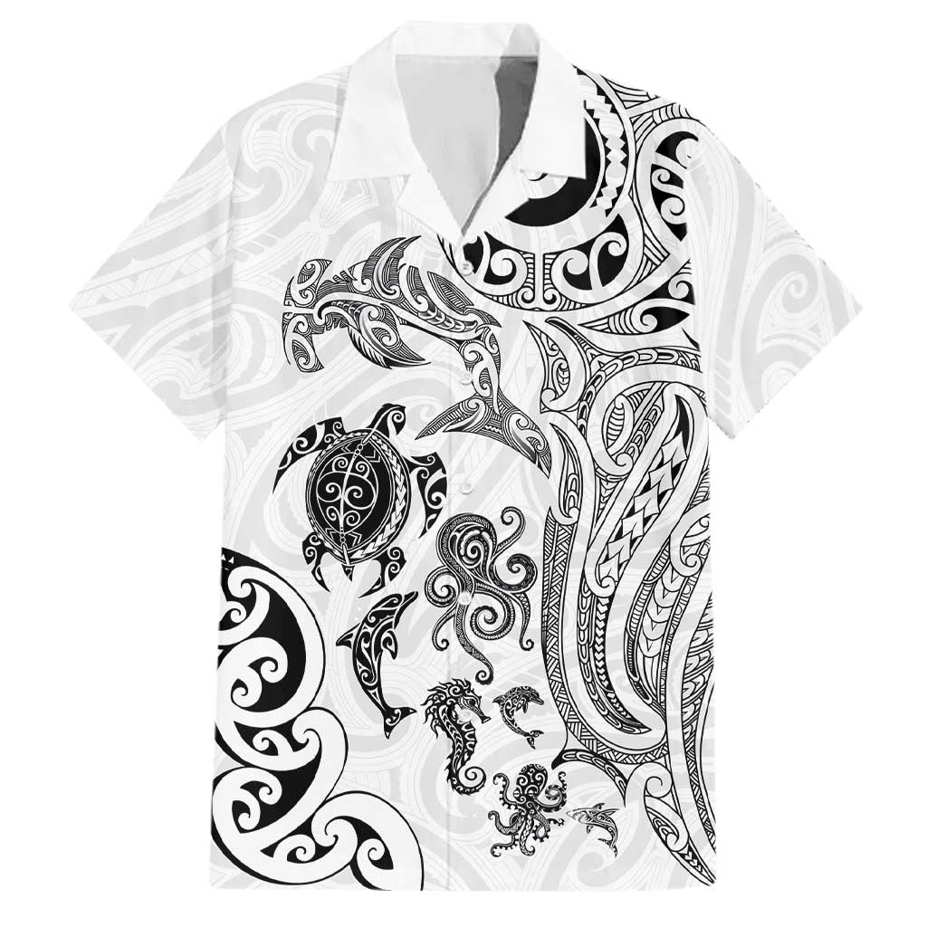 New Zealand Sea Animals with Maori Tribal Tattoo Family Matching Off Shoulder Maxi Dress and Hawaiian Shirt White Color