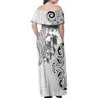 New Zealand Sea Animals with Maori Tribal Tattoo Family Matching Off Shoulder Maxi Dress and Hawaiian Shirt White Color