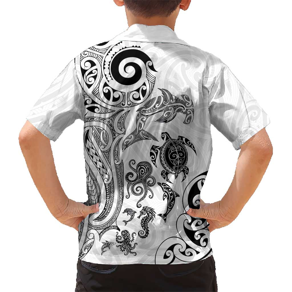 New Zealand Sea Animals with Maori Tribal Tattoo Family Matching Off Shoulder Short Dress and Hawaiian Shirt White Color
