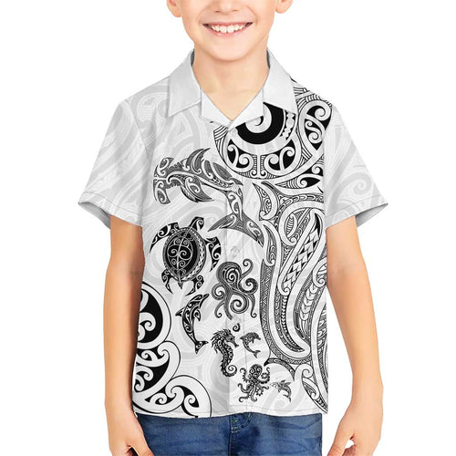 New Zealand Sea Animals with Maori Tribal Tattoo Family Matching Off Shoulder Short Dress and Hawaiian Shirt White Color