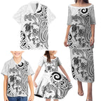 New Zealand Sea Animals with Maori Tribal Tattoo Family Matching Puletasi and Hawaiian Shirt White Color