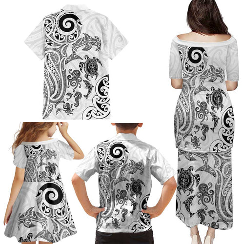 New Zealand Sea Animals with Maori Tribal Tattoo Family Matching Puletasi and Hawaiian Shirt White Color