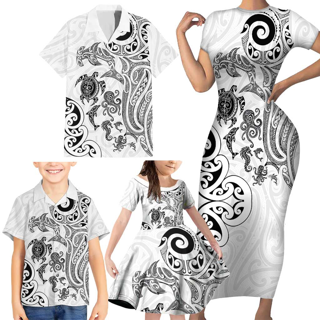 New Zealand Sea Animals with Maori Tribal Tattoo Family Matching Short Sleeve Bodycon Dress and Hawaiian Shirt White Color