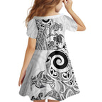 New Zealand Sea Animals with Maori Tribal Tattoo Family Matching Short Sleeve Bodycon Dress and Hawaiian Shirt White Color