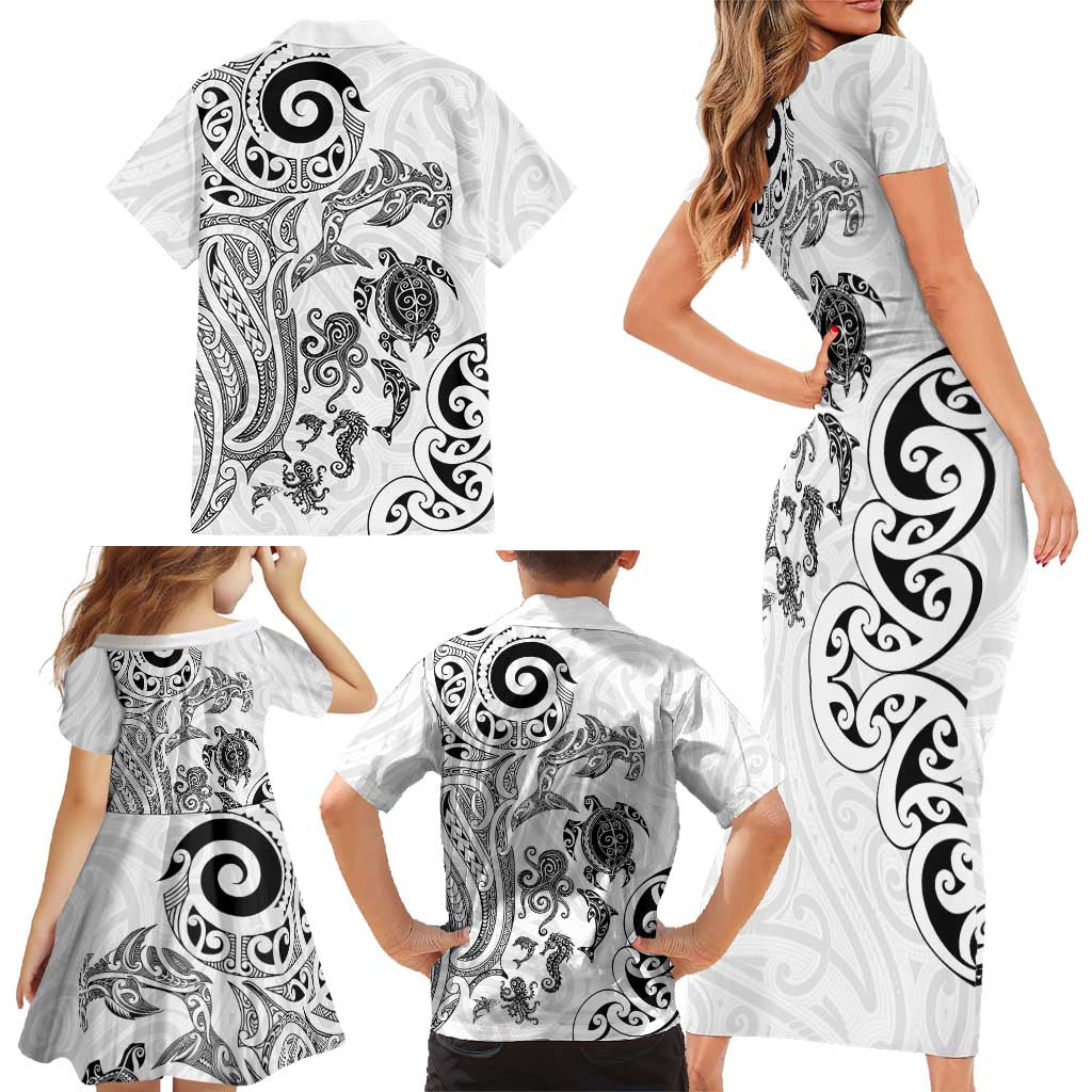 New Zealand Sea Animals with Maori Tribal Tattoo Family Matching Short Sleeve Bodycon Dress and Hawaiian Shirt White Color