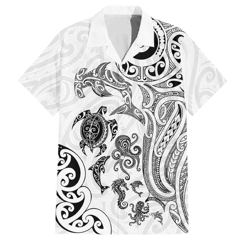 New Zealand Sea Animals with Maori Tribal Tattoo Family Matching Short Sleeve Bodycon Dress and Hawaiian Shirt White Color