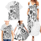 New Zealand Sea Animals with Maori Tribal Tattoo Family Matching Summer Maxi Dress and Hawaiian Shirt White Color