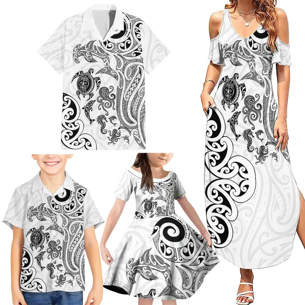 New Zealand Sea Animals with Maori Tribal Tattoo Family Matching Summer Maxi Dress and Hawaiian Shirt White Color